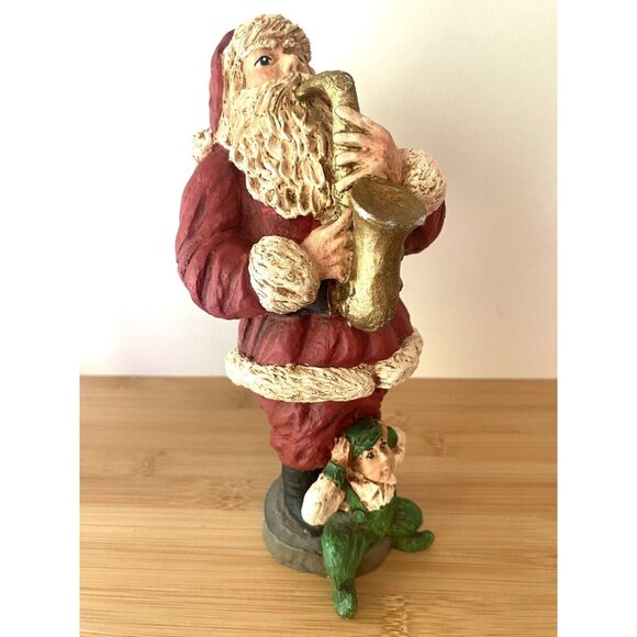 Santa Claus Figurine Wood World Playing Sax Carrying Bag Of Toys 1993 Green Elf - Picture 3 of 8